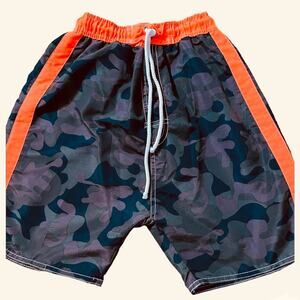 Boys Orange Neon Striped & Camouflage Swim Trunks Size 8/10